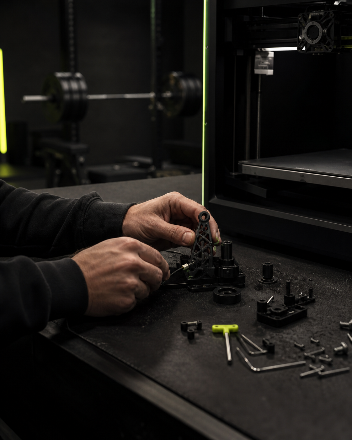 Hands assembling a hardware prototype beside a 3D printer
